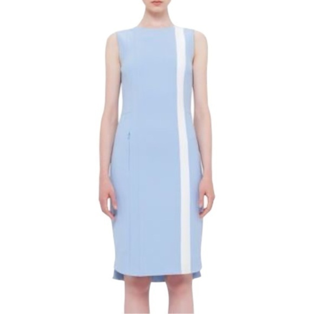 Akris Punto Light Blue Stripe Sleeveless Sheath Dress US 6 Professional Minimal